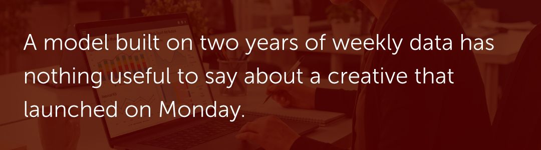 A model built on two years of weekly data has nothing useful to say about a creative that launched on Monday.
