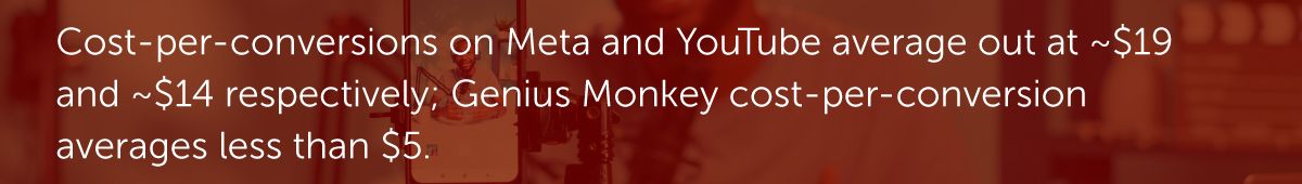 Cost-per-conversions on Meta and YouTube average out at ~$19 and ~$14 respectively; Genius Monkey cost-per-conversion averages less than $5.