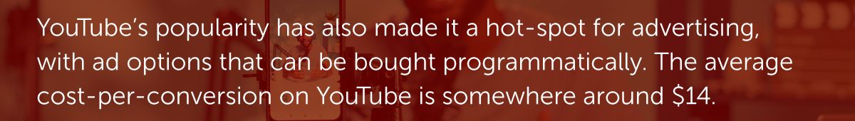 YouTube’s popularity has also made it a hot-spot for advertising, with ad options that can be bought programmatically. The average cost-per-conversion on YouTube is somewhere around $14.